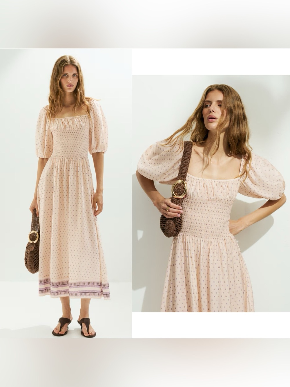 H&M Smocked Waist Puff-Sleeve Maxi Dress in Blush Pink